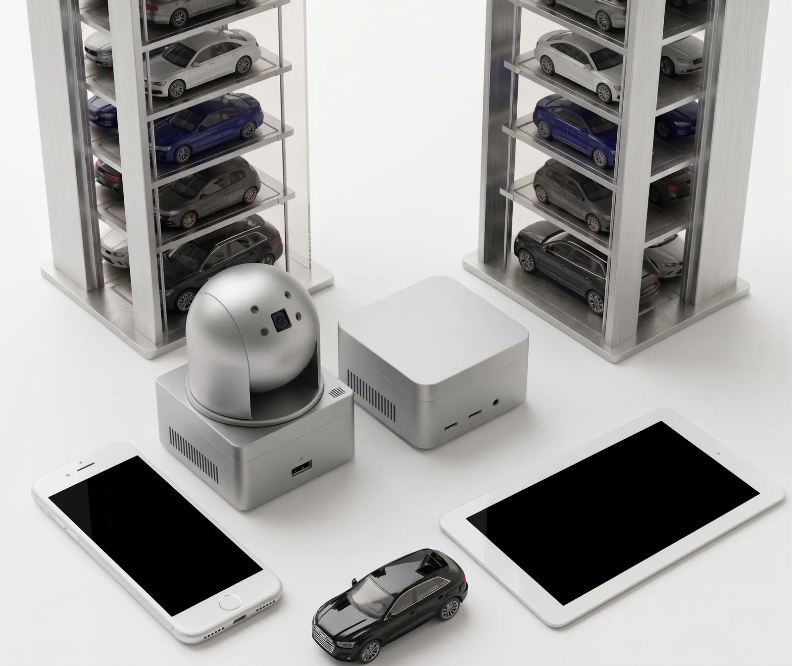 FLUX device family — IoT gateway, AI camera, mobile and tablet apps with automated parking towers